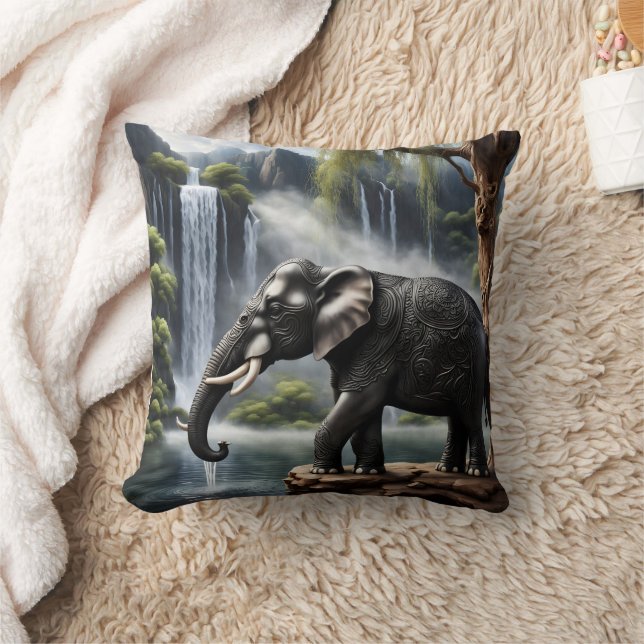 Majestic Elephant by Serene Waterfall at Dawn Cushion (Blanket)