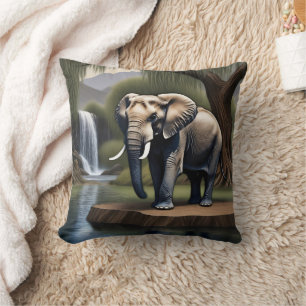 Majestic Elephant by Serene Waterfall at Dawn Cushion