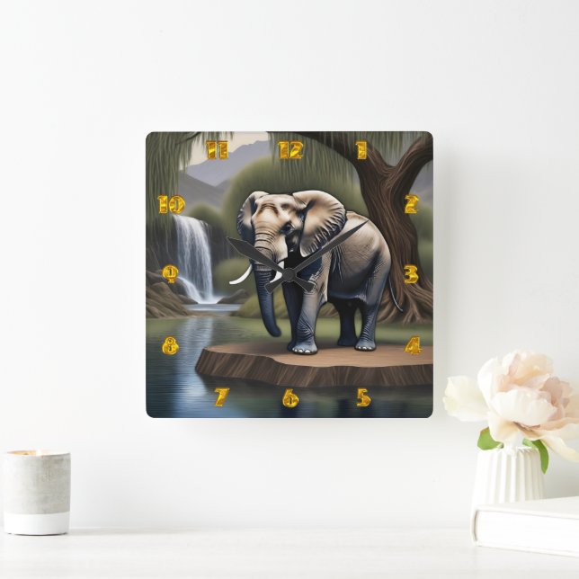 Majestic Elephant by Serene Waterfall at Dawn Square Wall Clock (Home)