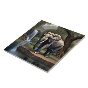 Majestic Elephant by Serene Waterfall at Dawn Tile