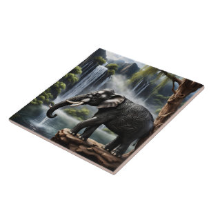 Majestic Elephant by Serene Waterfall at Dawn Tile