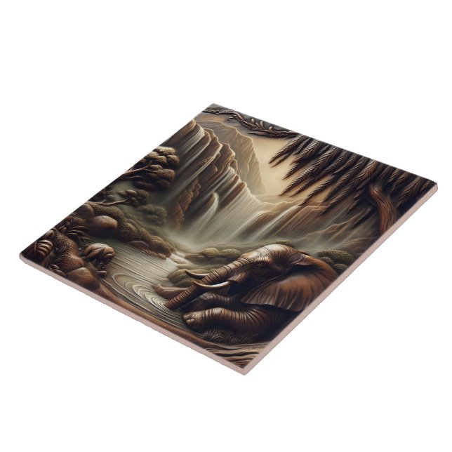 Majestic Elephant by Serene Waterfall at Dusk Tile (Side)