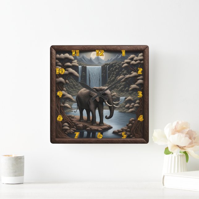 Majestic Elephant by Serene Waterfalls at Night Square Wall Clock (Home)