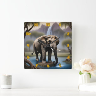 Majestic Elephant by Tranquil Waterfall at Dusk Square Wall Clock