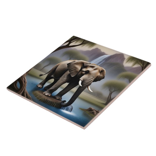 Majestic Elephant by Tranquil Waterfall at Dusk Tile (Side)