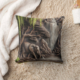 Majestic Elephant by Tranquil Waterfall Scene Cushion
