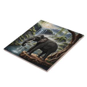 Majestic Elephant Drinking at Serene Waterfall Tile