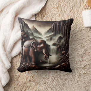 Majestic Elephant Drinking by Serene Waterfall Cushion