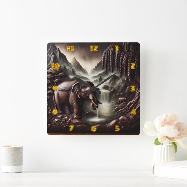 Majestic Elephant Drinking by Serene Waterfall Square Wall Clock (Home)