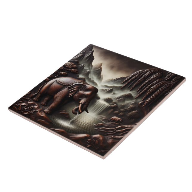 Majestic Elephant Drinking by Serene Waterfall Tile (Side)