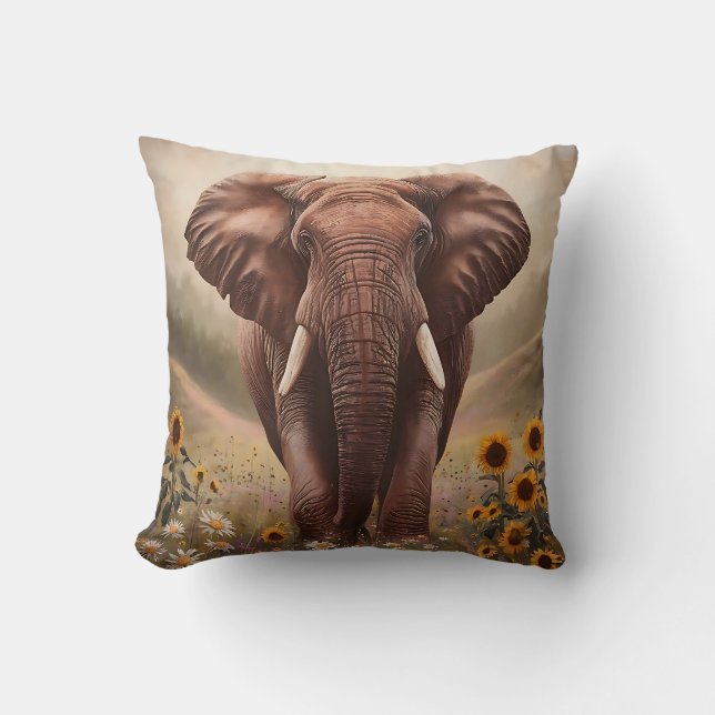 Majestic Elephant in Wildflower Field Cushion (Front)