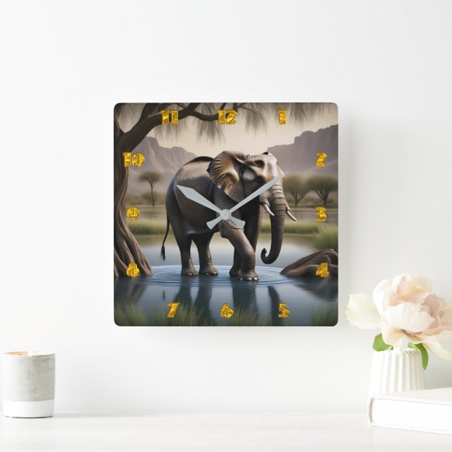 Majestic Elephant Wading in Serene Water at Dawn Square Wall Clock (Home)