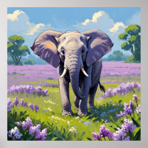 Majestic Elephant Walking in Lilac Field Painting Poster
