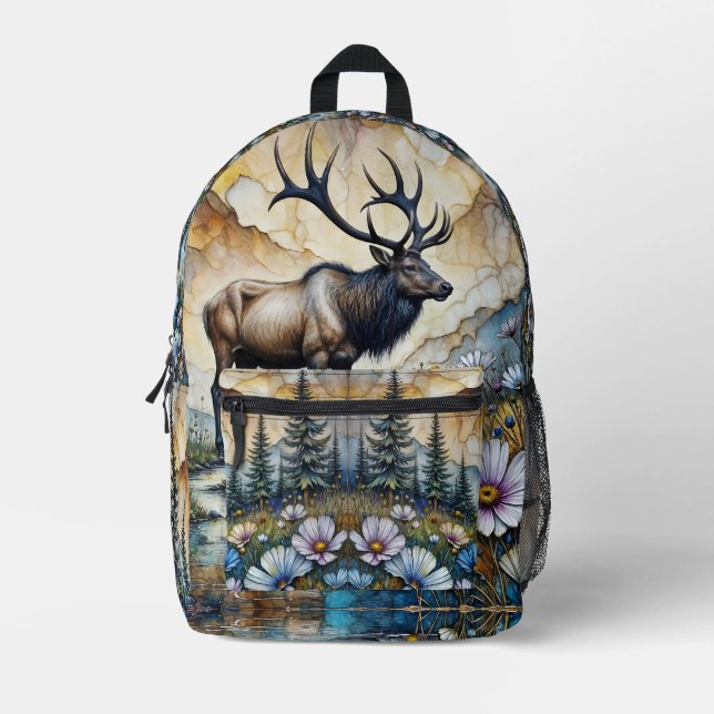 Majestic Elk in floral mountain valley Printed Backpack (Front)