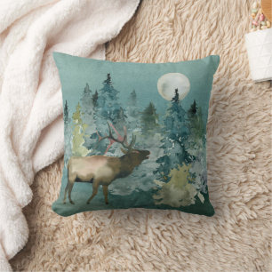Majestic Elk in Forest Full Moon Cushion