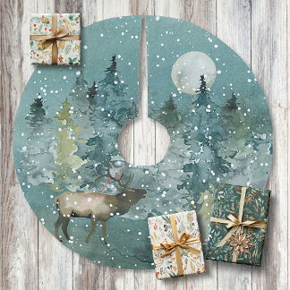 Majestic Elk in Forest Full Moon Snowfall Brushed Polyester Tree Skirt