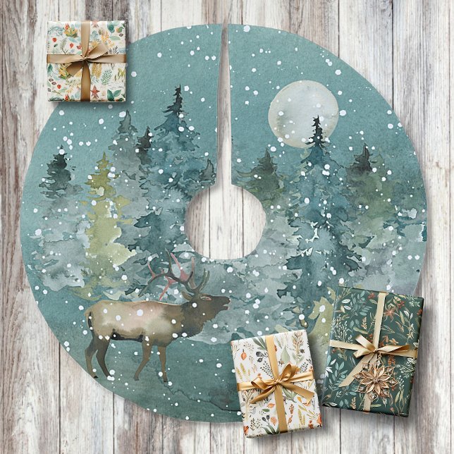Majestic Elk in Forest Full Moon Snowfall Brushed Polyester Tree Skirt (Creator Uploaded)