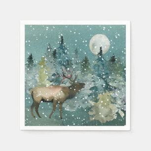 Majestic Elk in Forest Full Moon Snowfall Holiday Napkin