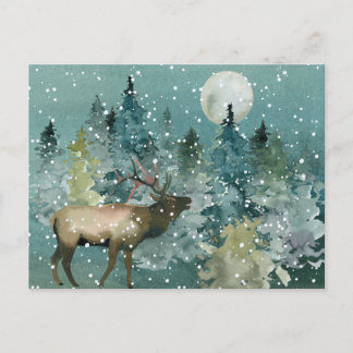 Majestic Elk in Forest Full Moon Snowfall Postcard