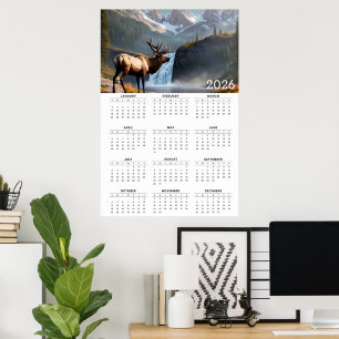 Majestic Elk & Mountain Waterfall 2026 Calendar Poster