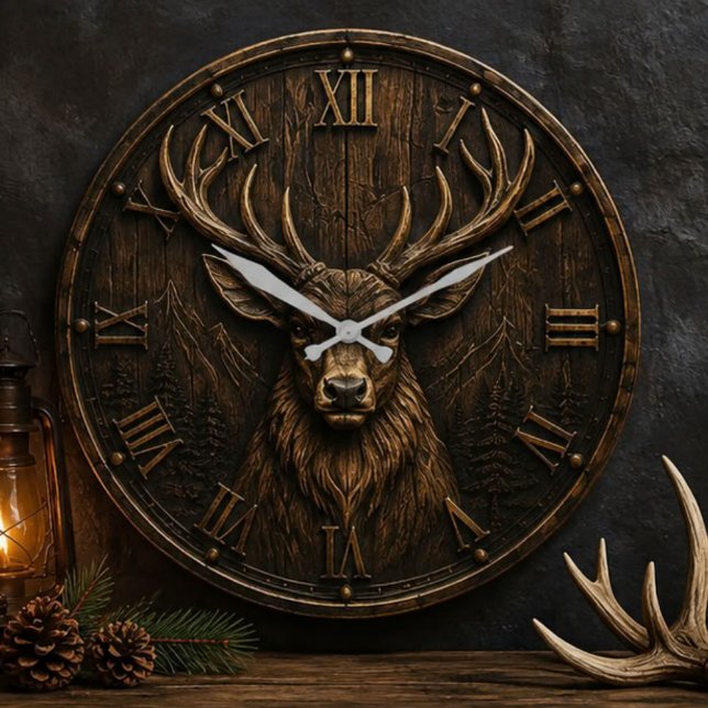 Majestic Elk Rustic Wildlife Mountain Cabin Huntin Large Clock (Creator Uploaded)