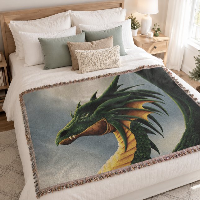 Majestic Emerald Green Dragon Fantasy Throw Blanket (Creator Uploaded)