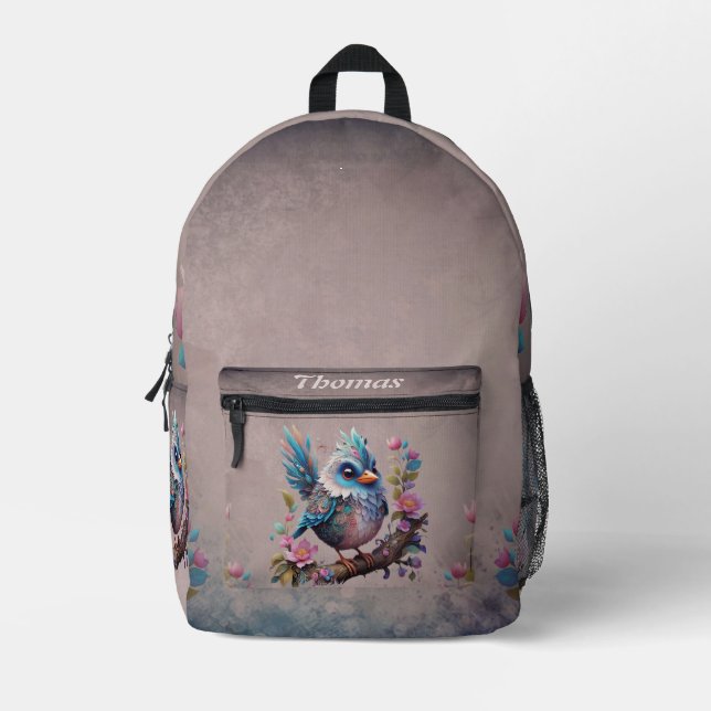 Majestic fantasy bird sitting on a branch  printed backpack (Front)
