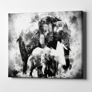 Majestic Female African Elephant with Calf B&W Canvas Print