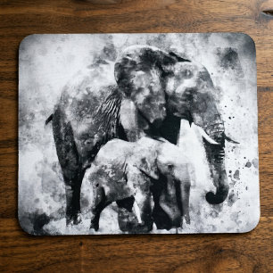 Majestic Female African Elephant with Calf B&W Mouse Pad