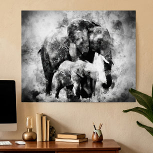 Majestic Female African Elephant with Calf B&W Poster