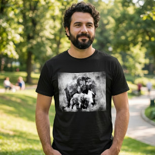 Majestic Female African Elephant with Calf B&W T-Shirt