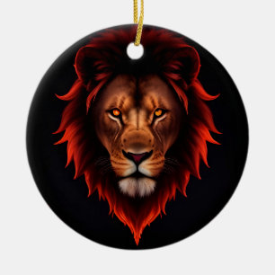 Majestic Fiery Lion Portrait With Glowing Eyes Ceramic Tree Decoration