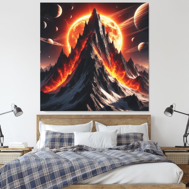 Majestic Fiery Mountain in a Celestial Space Canvas Print (Insitu(Bedroom))