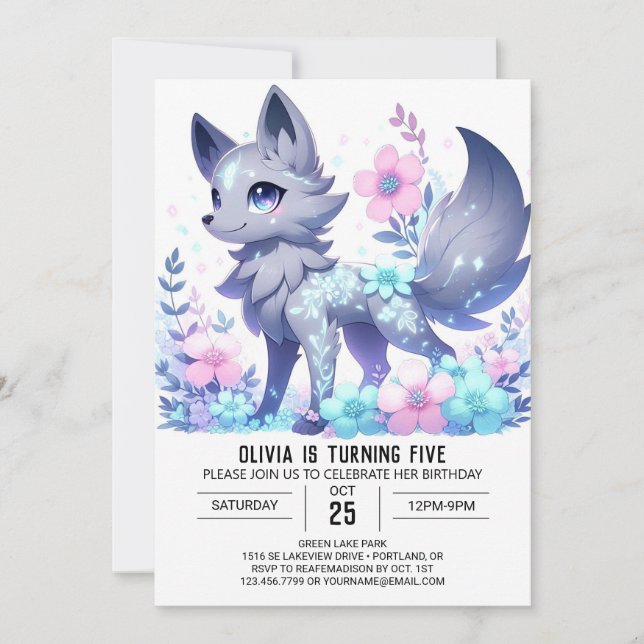 Majestic Floral Wolf Digital Birthday  Invitation (Front)