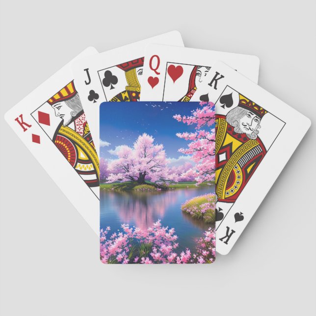 Majestic Flow amidst Sakura Tree Delight Playing Cards (Back)