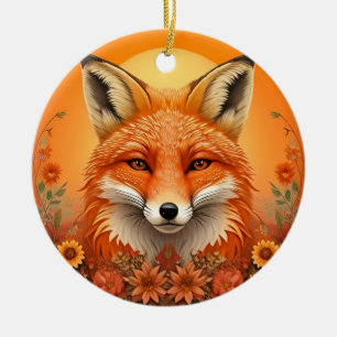 Majestic Fox Portrait Surrounded by Autumn Flowers Ceramic Tree Decoration