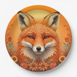Majestic Fox Portrait Surrounded by Autumn Flowers Paper Plate