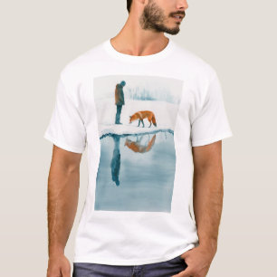 Majestic Fox Walking Beside Snow River Reflection T-Shirt