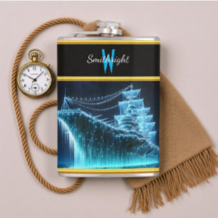 Majestic Ghost Ship Glows in the Nighttime Ocean Hip Flask