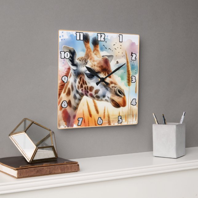 Majestic giraffe gazing over the African savannah Square Wall Clock (Office)