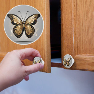 Majestic Gold Butterfly on Grey Ceramic Knob