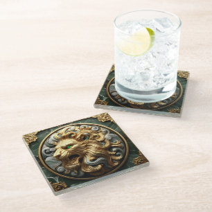 Majestic Gold Lion with Timeless Design Glass Coaster