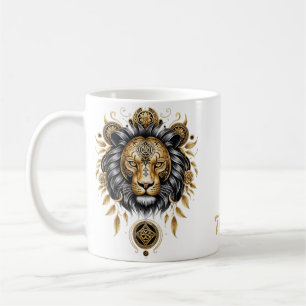 Majestic golden lion head with black mane. coffee mug