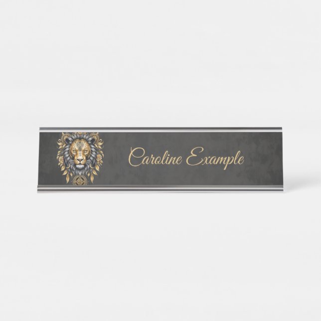 Majestic golden lion head with black mane.  desk name plate (Front)