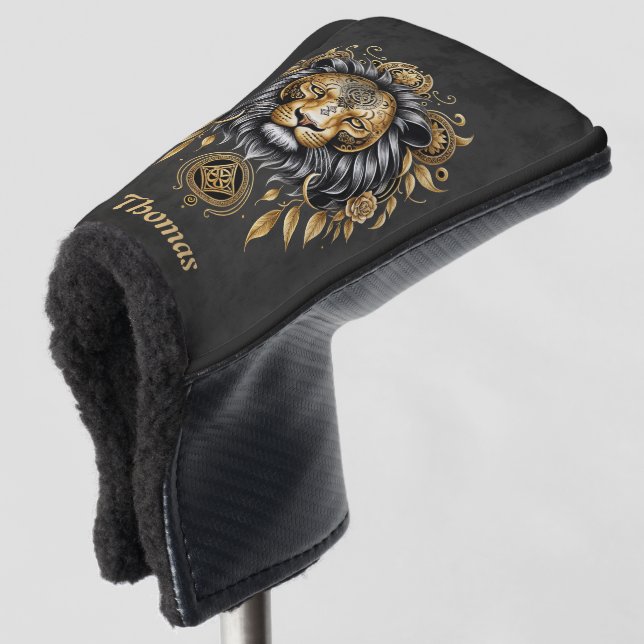 Majestic golden lion head with black mane. golf head cover (3/4 Front)