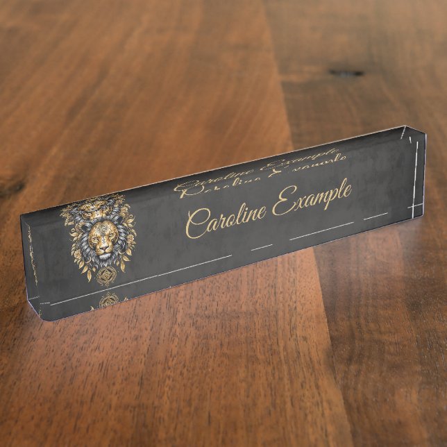 Majestic golden lion head with black mane.  nameplate (Side)