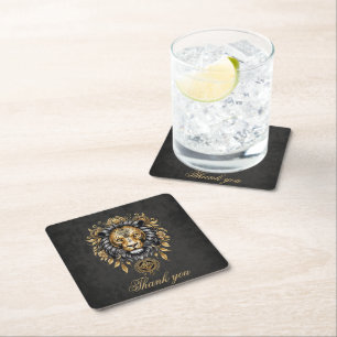Majestic golden lion head with black mane.  square paper coaster