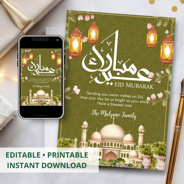 Majestic Golden Mosque and Lanterns Eid Card (Creator Uploaded)