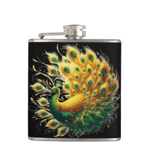 Majestic Golden Peacock Elegance Hip Flask