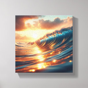 Majestic Golden Sunset Ocean Waves - Ethereal Canvas Print